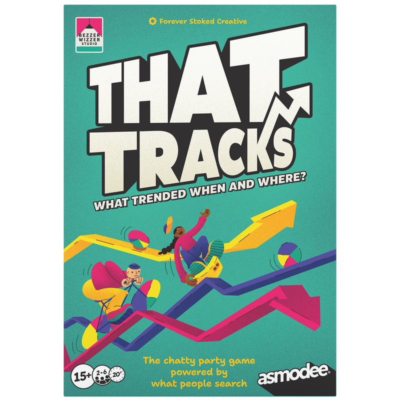 Load image into Gallery viewer, That Tracks Party Game - Front of box with illustrations of arrows and tagline 'The chatty party game powered by what people search'. 
