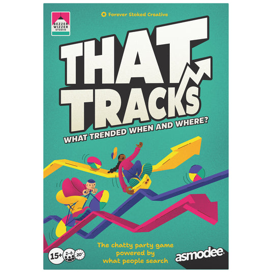 That Tracks Party Game - Front of box with illustrations of arrows and tagline 'The chatty party game powered by what people search'. 