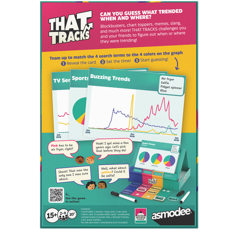 Load image into Gallery viewer, That Tracks Party Game - Back of box with overview, images of game components, and QR code linking to how to play video. Box indicates it is for ages 15+ and 2 to 6 players. 
