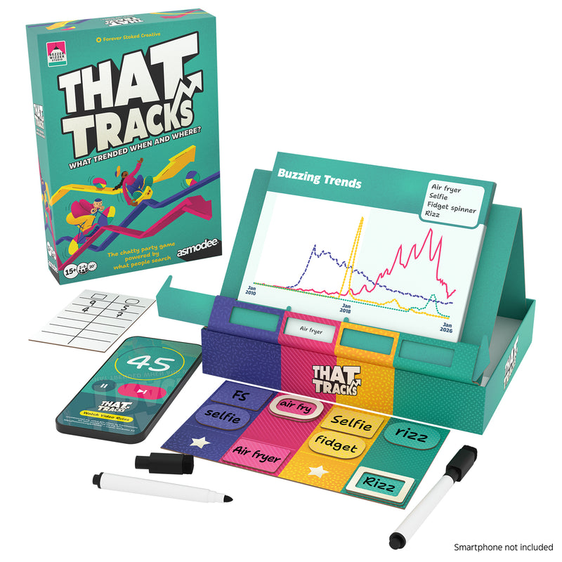Load image into Gallery viewer, That Tracks Party Game - Box and game components shown including buzzing trends card, game board, phone running game app, and dry erase markers. 
