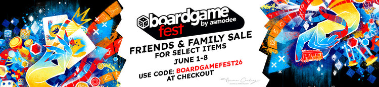 Boardgame fest promo banner. Friends & Family Sale for select items June 1 to June 8. Use code: Boardgamefest26 at checkout. Banner links to collection page. 