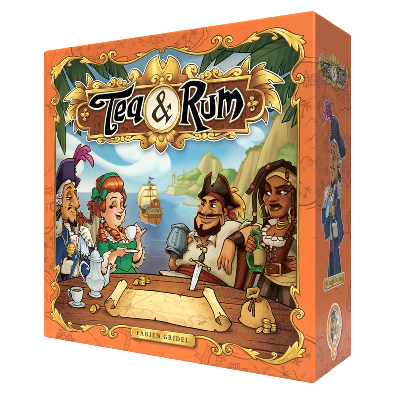 Load image into Gallery viewer, Tea &amp; Rum Board Game - Front of box featuring art of characters having tea and drinking rum at a table.
