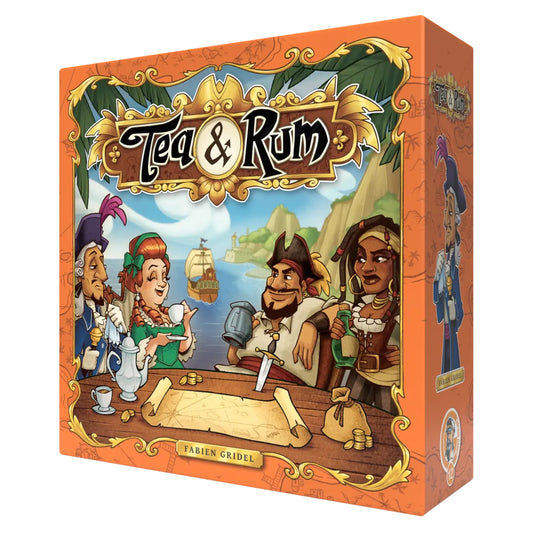 Tea & Rum Board Game - Front of box featuring art of characters having tea and drinking rum at a table.