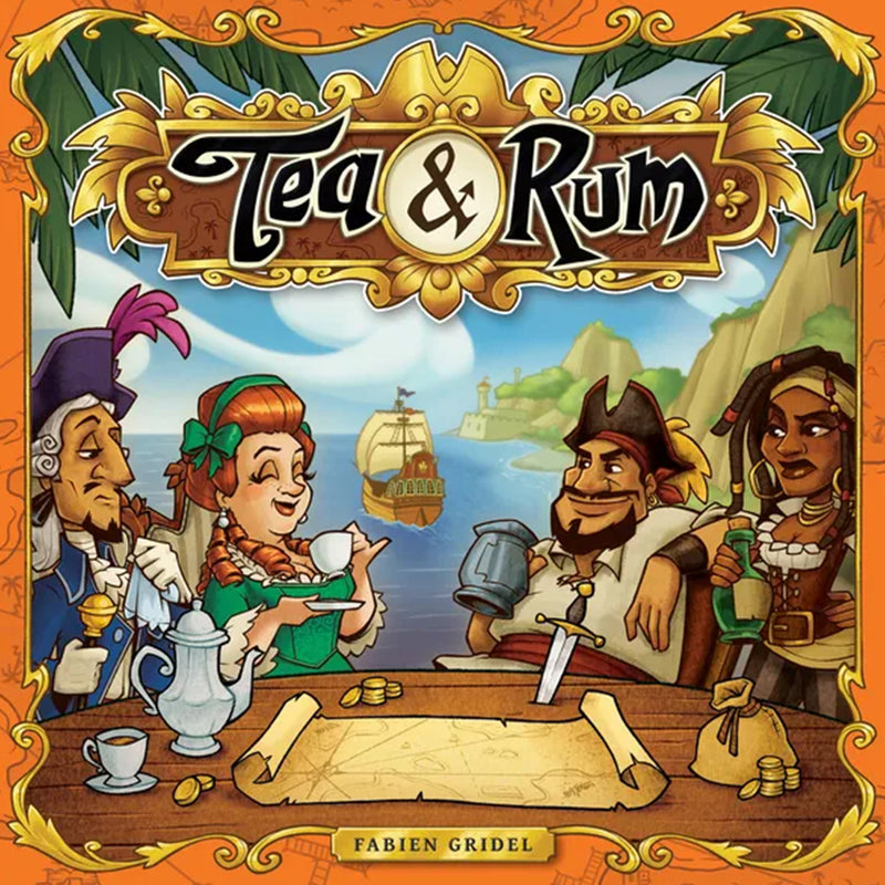 Load image into Gallery viewer, Tea &amp; Rum Board Game - Front of box featuring art of characters having tea and drinking rum at a table.
