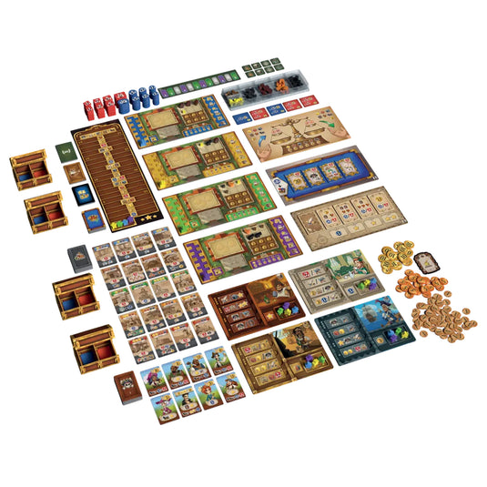 Tea & Rum Board Game - Game components displayed including player boards, tokens, coin tokens, and meeples.