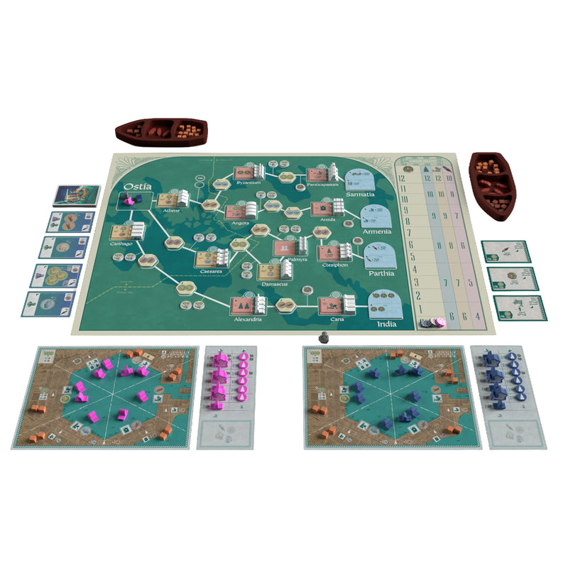 Load image into Gallery viewer, Ostia: Mariner Edition - Setup game displayed including game board with map, boat figures with tokens inside, player boards, and game cards. 
