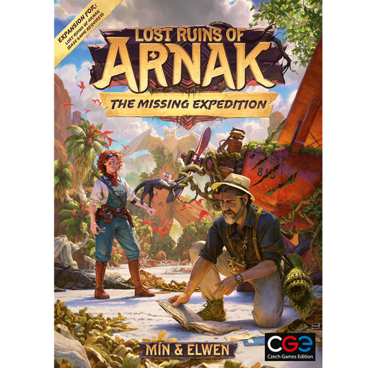 Lost Ruins of Arnak: The Missing Expedition - front of box featuring art of explorers in front of ruins. 