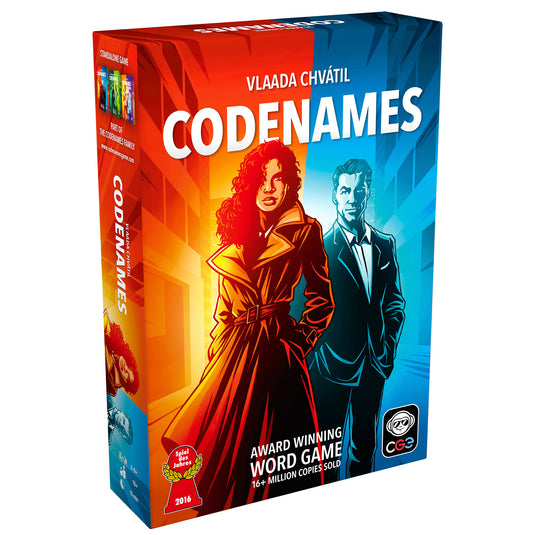Codenames Party Game - front of box featuring art of red and blue spies.
