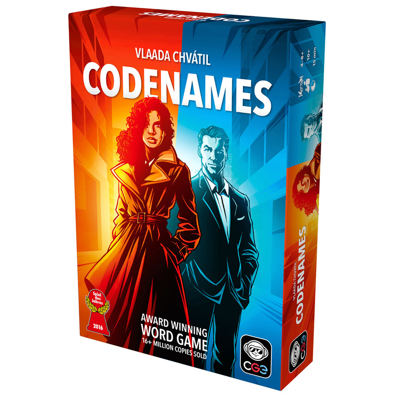 Load image into Gallery viewer, Codenames Party Game - front of box featuring art of red and blue spies.
