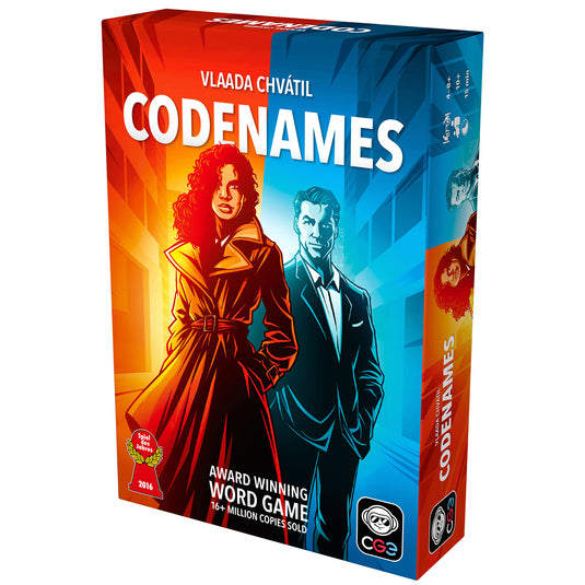 Codenames Party Game - front of box featuring art of red and blue spies.