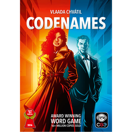 Codenames Party Game - front of box featuring art of red and blue spies.