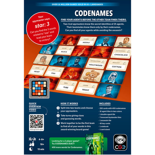 Codenames Party Game - back of box with overview, contents list, images of components, and QR code linking to overview video.