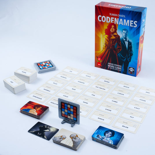 Codenames Party Game - box and setup game shown including word cards, agents map, and agent tiles.