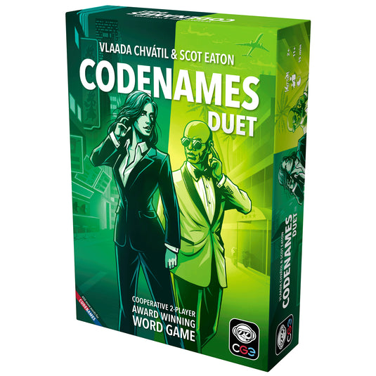 Codenames: Duet Party Game - front of box featuring art of spies. 