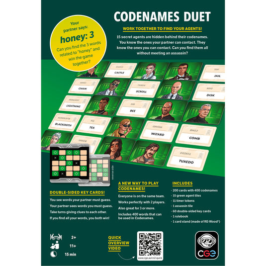 Codenames: Duet Party Game - back of box with overview, contents list, images of game components, and QR code linking to quick overview video. 