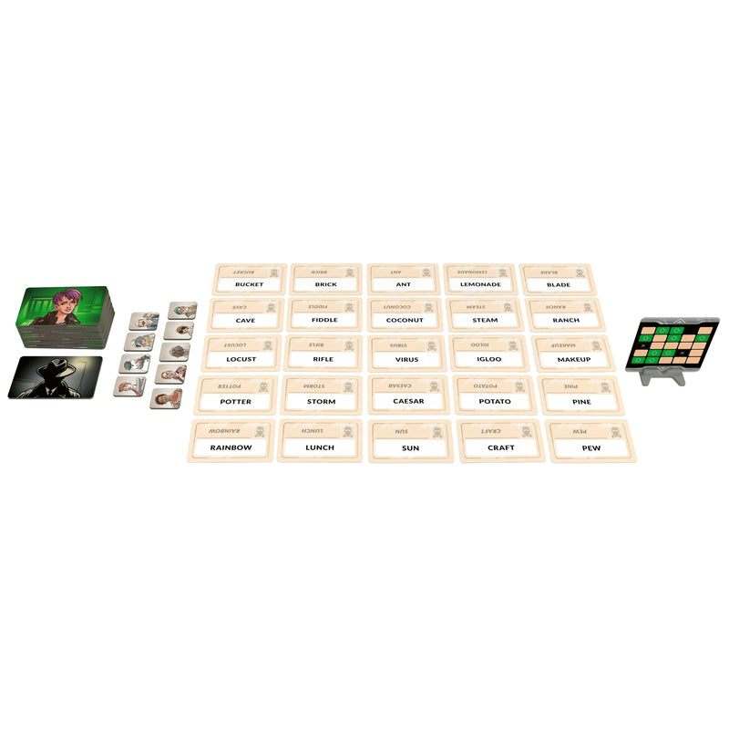Load image into Gallery viewer, Codenames: Duet Party Game - game components shown including word cards, agent tiles, and agent map card.
