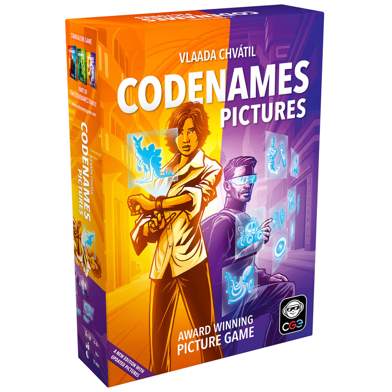 Load image into Gallery viewer, Codenames Pictures Party Game  - front of box with art of two secret agents in orange and purple.
