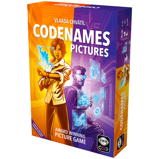 Codenames Pictures Party Game  - front of box with art of two secret agents in orange and purple.