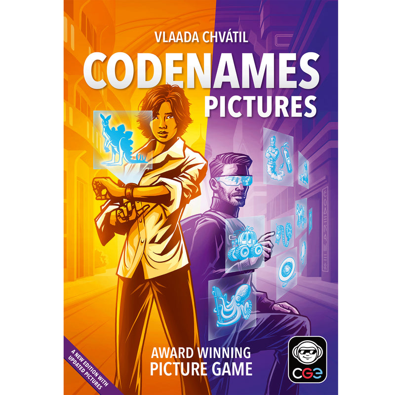 Load image into Gallery viewer, Codenames Pictures Party Game  - front of box with art of two secret agents in orange and purple.
