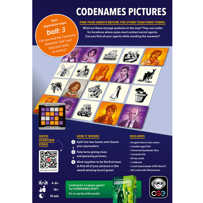 Load image into Gallery viewer, Codenames Pictures Party Game  - back of box with overview, contents list, images of game components, and QR code linking to quick overview video. 
