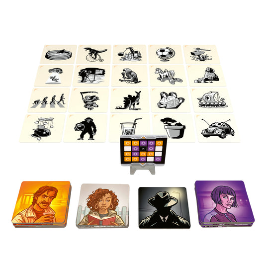 Codenames Pictures Party Game  - setup game shown including picture cards, orange and purple agent tiles, agents map, and assassin tile.