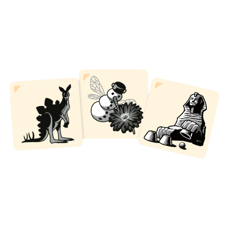 Load image into Gallery viewer, Codenames Pictures Party Game  - sample picture cards shown including snowman with wings, and a sphinx hiding a ball under three cups.
