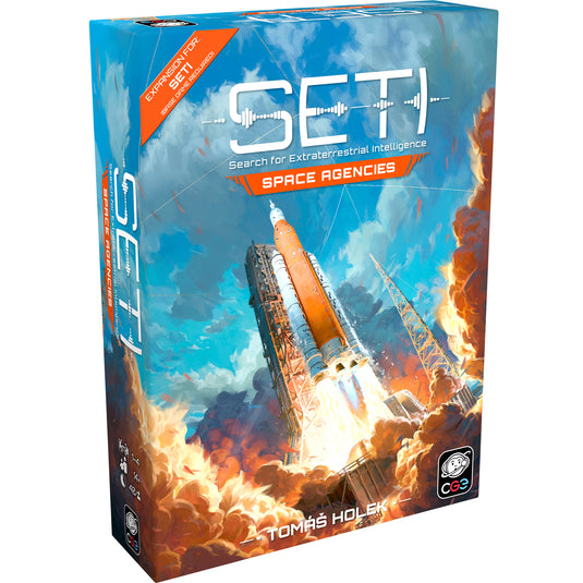 SETI: Search for Extraterrestrial Intelligence -  Space Agencies Expansion - front of box featuring art of space rocket launch. 