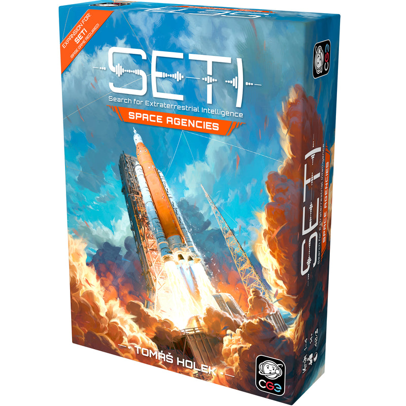 Load image into Gallery viewer, SETI: Search for Extraterrestrial Intelligence -  Space Agencies Expansion - front of box featuring art of space rocket launch. 
