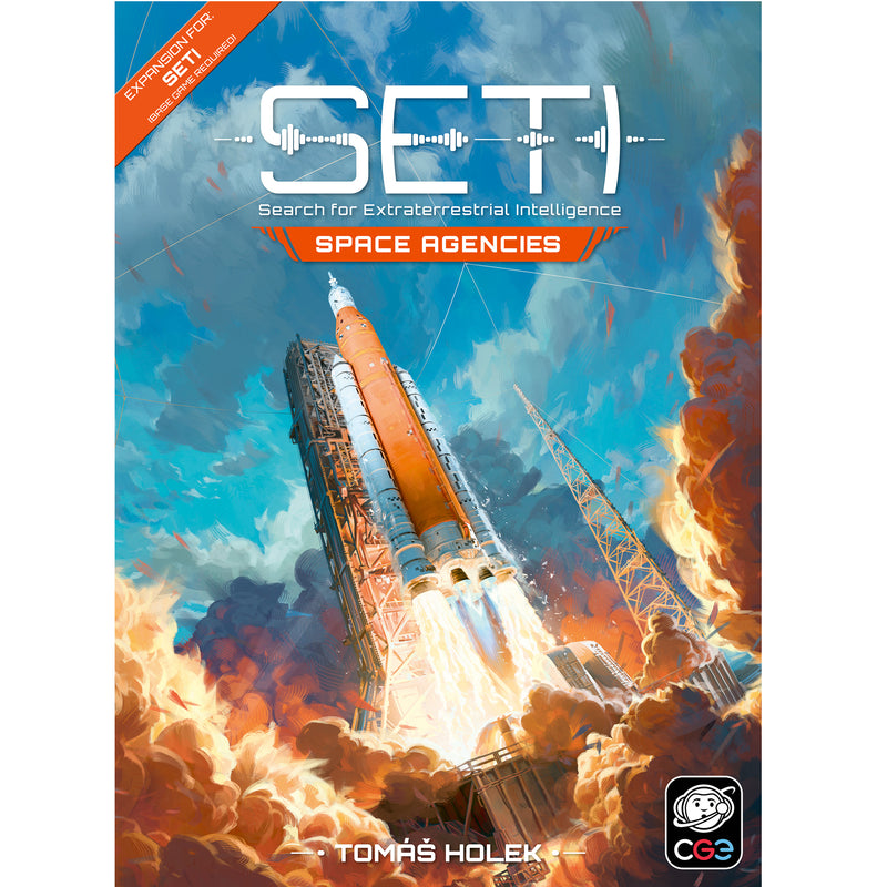 Load image into Gallery viewer, SETI: Search for Extraterrestrial Intelligence -  Space Agencies Expansion - front of box featuring art of space rocket launch. 
