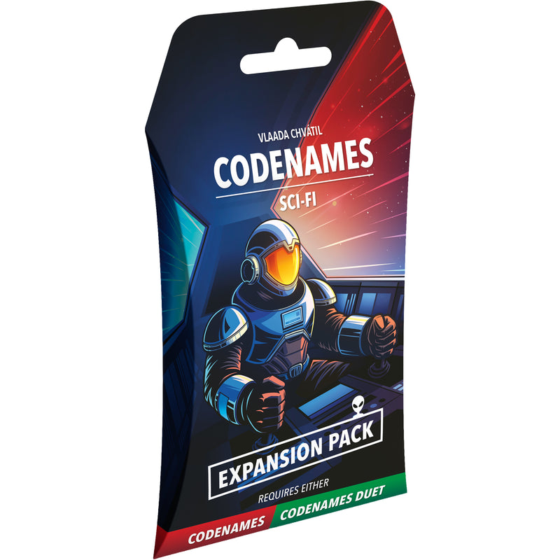 Load image into Gallery viewer, Codenames: Sci-Fi Expansion Pack - Front of packaging with illustration of astronaut in a space ship with note that it requires either Codenames or Codenames Duet to play.
