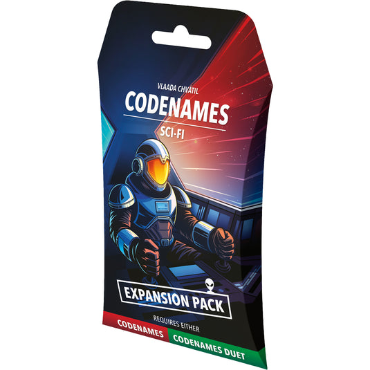 Codenames: Sci-Fi Expansion Pack - Front of packaging with illustration of astronaut in a space ship with note that it requires either Codenames or Codenames Duet to play.