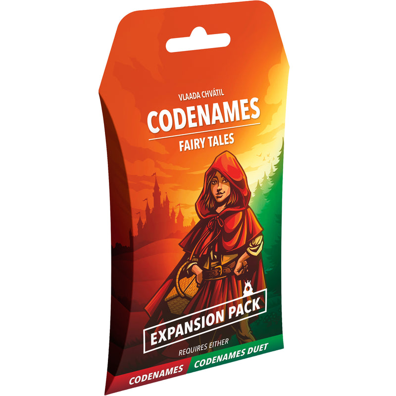 Load image into Gallery viewer, Codenames: Fairy Tales Expansion Pack - Front of packaging with art of Red Reding Hood and note that it requires either Codenames or Codenames Duet to play.
