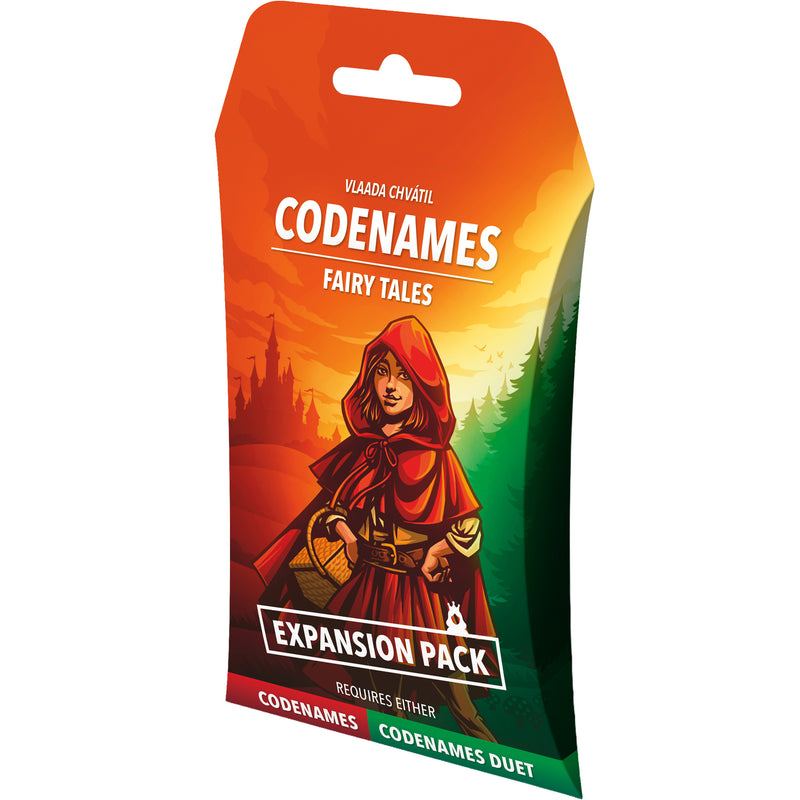 Load image into Gallery viewer, Codenames: Fairy Tales Expansion Pack - Front of packaging with art of Red Reding Hood and note that it requires either Codenames or Codenames Duet to play.
