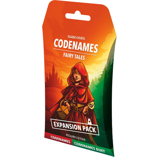 Codenames: Fairy Tales Expansion Pack - Front of packaging with art of Red Reding Hood and note that it requires either Codenames or Codenames Duet to play.