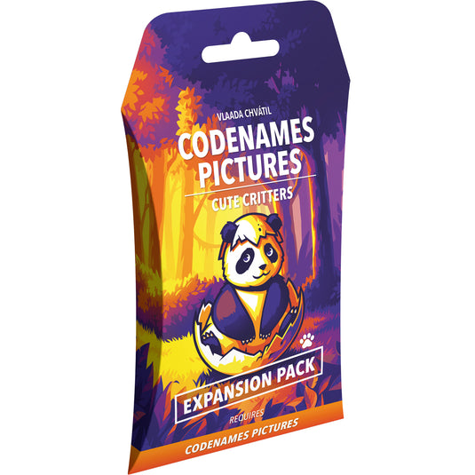 Codenames: Cute Critters Expansion Pack - Front of packaging with art of a panda hatching from an egg and note that it requires Codenames Pictures to play.