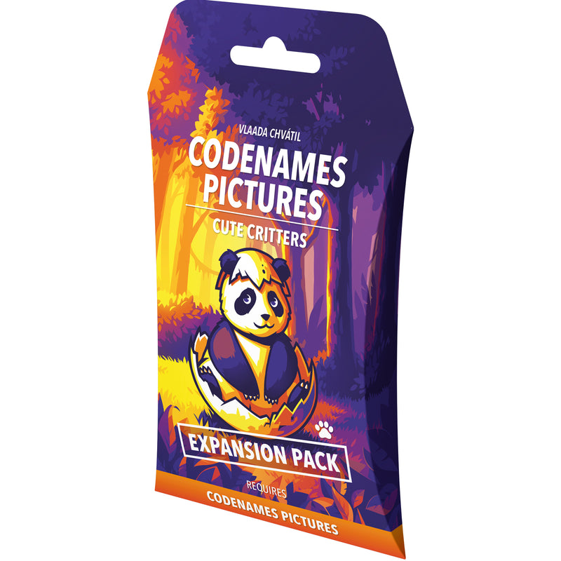 Load image into Gallery viewer, Codenames: Cute Critters Expansion Pack - Front of packaging with art of a panda hatching from an egg and note that it requires Codenames Pictures to play.
