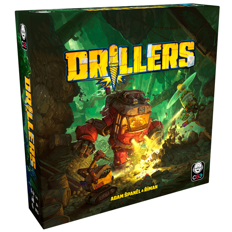 Load image into Gallery viewer, Drillers Board Game - Front of box with title in yellow text and art of a mech drill machine.
