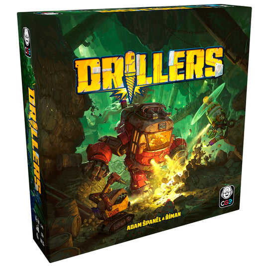 Drillers Board Game - Front of box with title in yellow text and art of a mech drill machine.