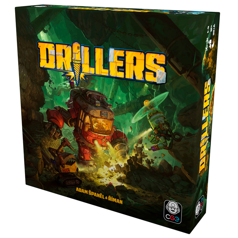 Load image into Gallery viewer, Drillers Board Game - Front of box with title in yellow text and art of a mech drill machine.
