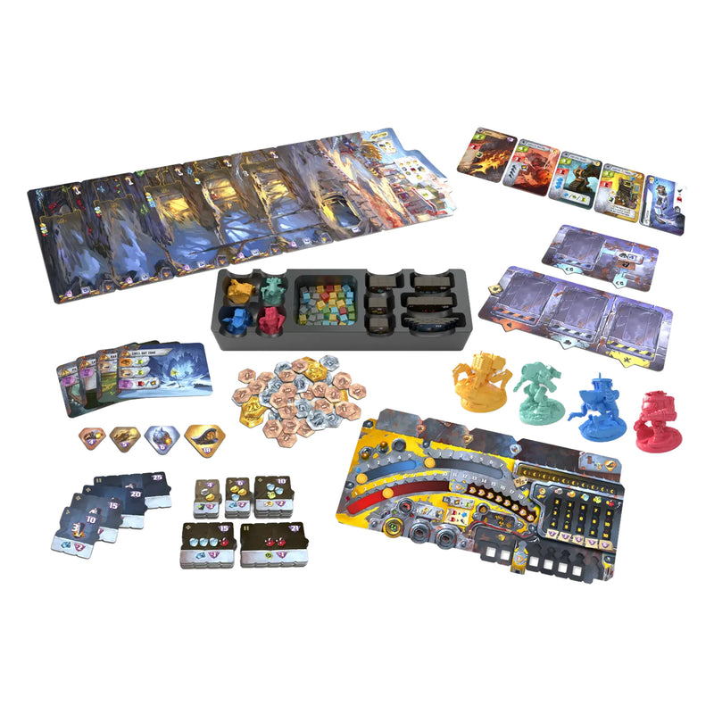 Load image into Gallery viewer, Drillers Board Game - Sample components shown including game board, mech miniatures, and game tokens.
