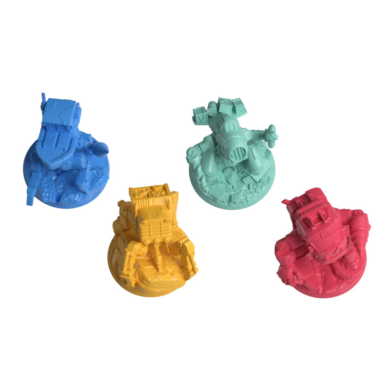 Load image into Gallery viewer, Drillers Board Game - Four mech miniatures displayed in blue gray, yellow, and red.
