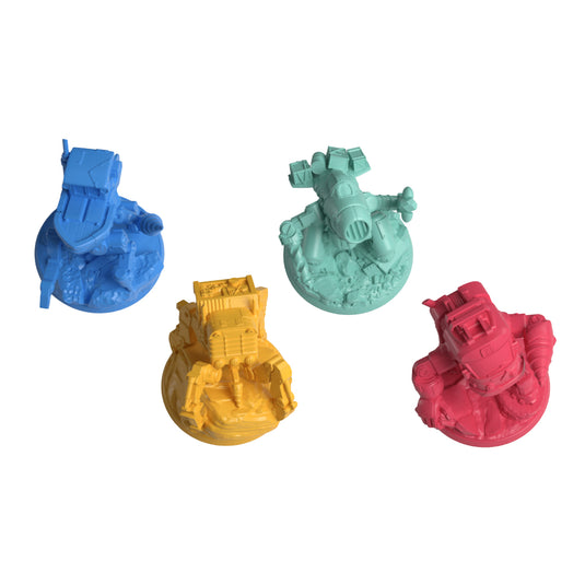 Drillers Board Game - Four mech miniatures displayed in blue gray, yellow, and red.