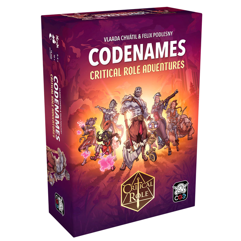 Load image into Gallery viewer, Codenames: Critical Role Adventures - Front of box featuring art of Critical Role characters and Critical Role logo. 
