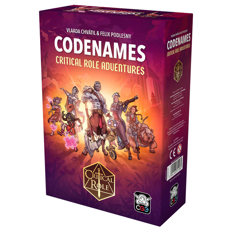 Load image into Gallery viewer, Codenames: Critical Role Adventures - Front of box featuring art of Critical Role characters and Critical Role logo. 
