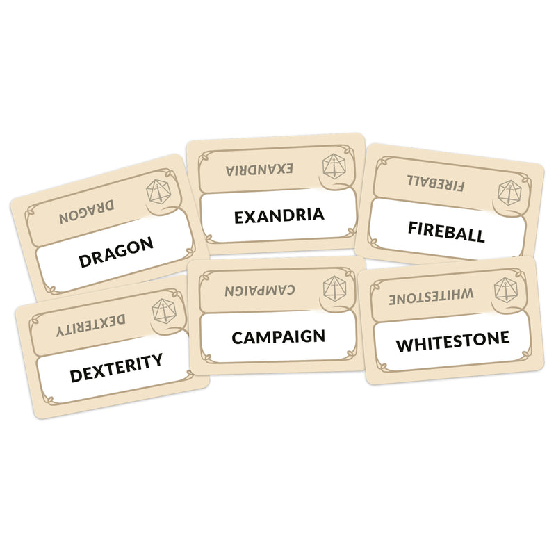 Load image into Gallery viewer, Codenames: Critical Role Adventures - Sample double sided word cards shown including 'Dragon' and 'Fireball' cards.

