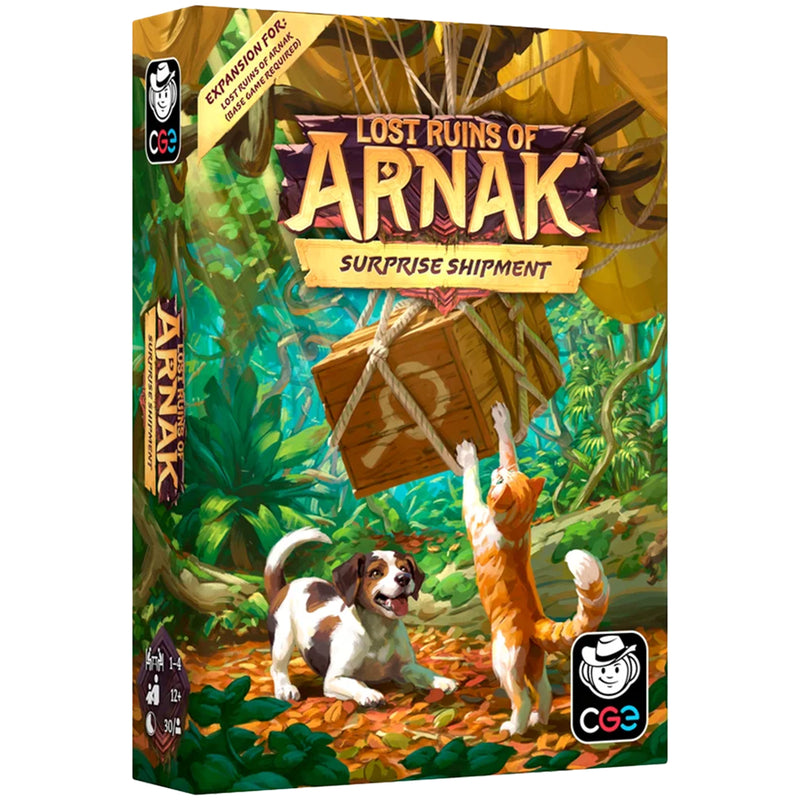 Load image into Gallery viewer, Lost Ruins of Arnak: Surprise Shipment  Expansion - Front of box with art of a cat and dog next to a delivery crate.
