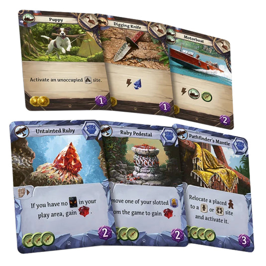 Lost Ruins of Arnak: Surprise Shipment  Expansion - Sample cars shown including puppy card and untainted ruby card.