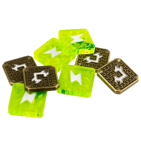 SETI Upgrade Components - View of metal credits and two-color acrylic energy tokens.