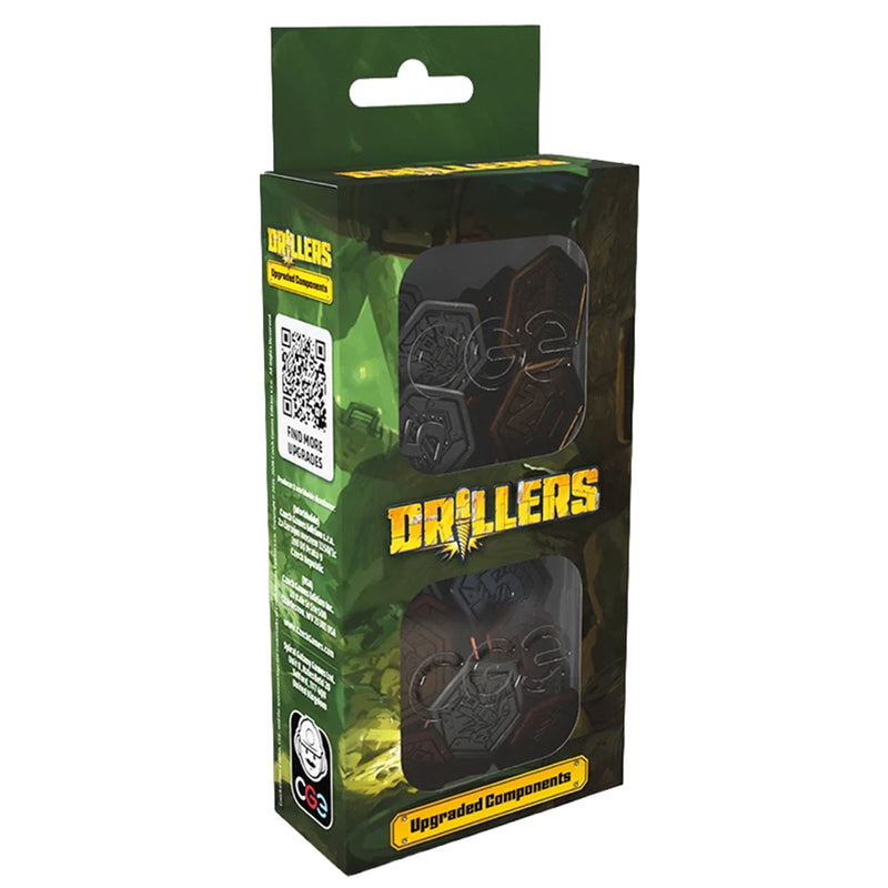 Load image into Gallery viewer, Drillers Upgraded Components - Front of packaging with title in yellow on green box and plastic window showing components inside. 
