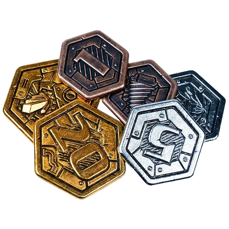 Load image into Gallery viewer, Drillers Upgraded Components - View of  pile of upgraded metal tokens.
